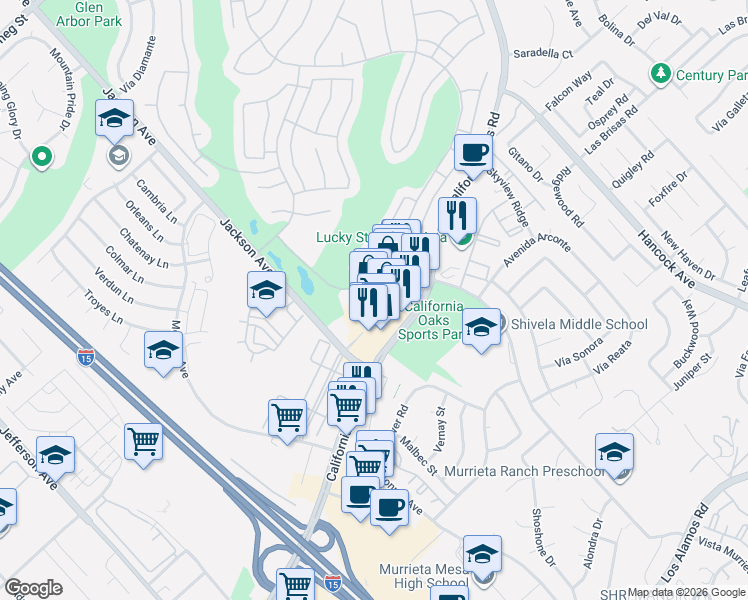 map of restaurants, bars, coffee shops, grocery stores, and more near 40575 California Oaks Road in Murrieta