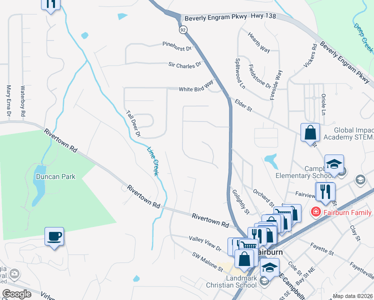 map of restaurants, bars, coffee shops, grocery stores, and more near 1920 Winding Crossing Trail in Fairburn