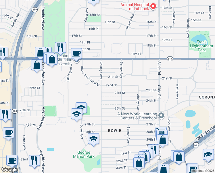 map of restaurants, bars, coffee shops, grocery stores, and more near 5413 22nd Street in Lubbock