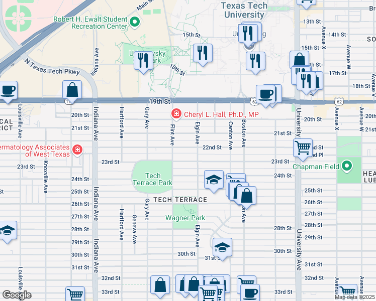 map of restaurants, bars, coffee shops, grocery stores, and more near 3009 22nd Street in Lubbock