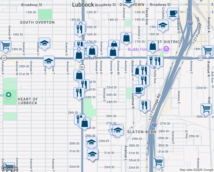 map of restaurants, bars, coffee shops, grocery stores, and more near 1508 23rd Street in Lubbock