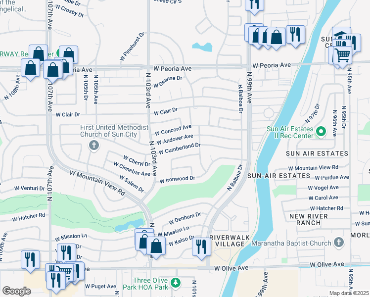 map of restaurants, bars, coffee shops, grocery stores, and more near 10129 West Cumberland Drive in Sun City
