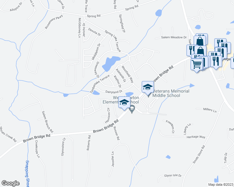 map of restaurants, bars, coffee shops, grocery stores, and more near 130 Dairyland Drive in Covington