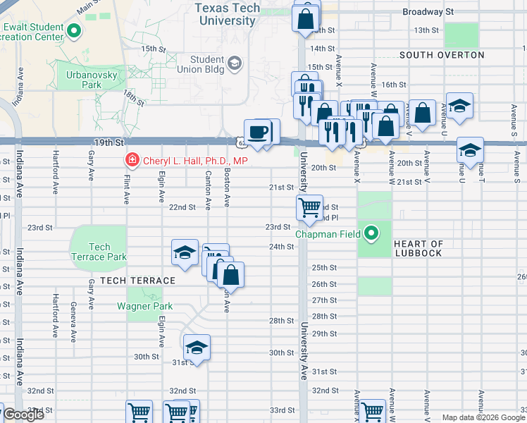 map of restaurants, bars, coffee shops, grocery stores, and more near 2605 22nd Street in Lubbock