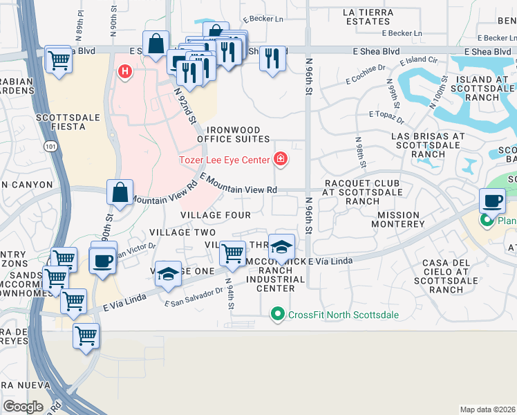 map of restaurants, bars, coffee shops, grocery stores, and more near 9735 North 94th Place in Scottsdale