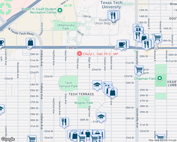 map of restaurants, bars, coffee shops, grocery stores, and more near 3009 22nd Street in Lubbock