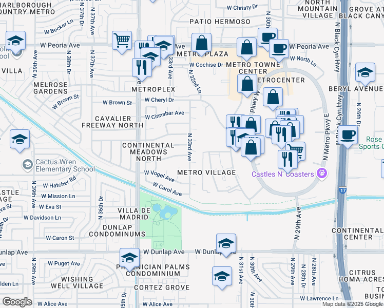 map of restaurants, bars, coffee shops, grocery stores, and more near 3239 West Mountain View Road in Phoenix