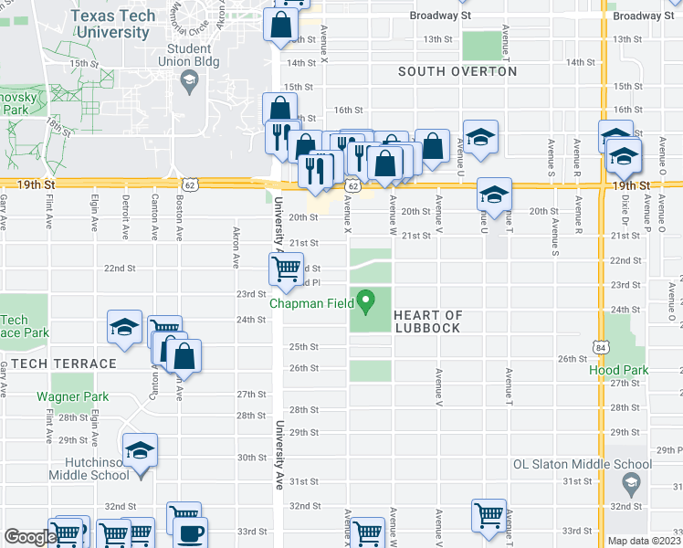 map of restaurants, bars, coffee shops, grocery stores, and more near 2403 22nd Street in Lubbock