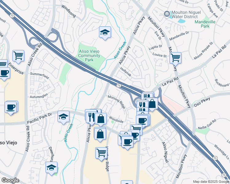 map of restaurants, bars, coffee shops, grocery stores, and more near 149 Abbeywood Lane in Aliso Viejo