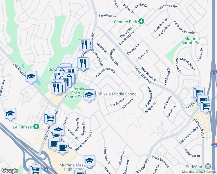 map of restaurants, bars, coffee shops, grocery stores, and more near 24575 Avenue Musico in Murrieta
