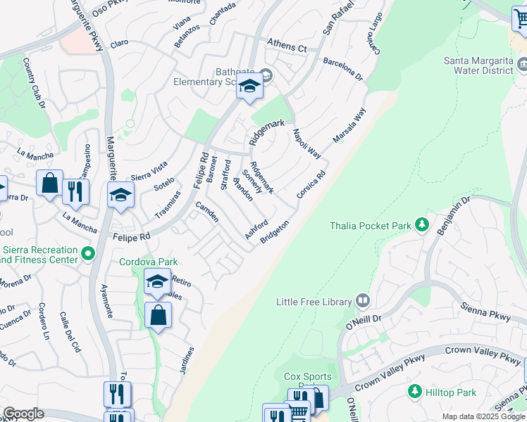 map of restaurants, bars, coffee shops, grocery stores, and more near 26746 Brandon in Mission Viejo