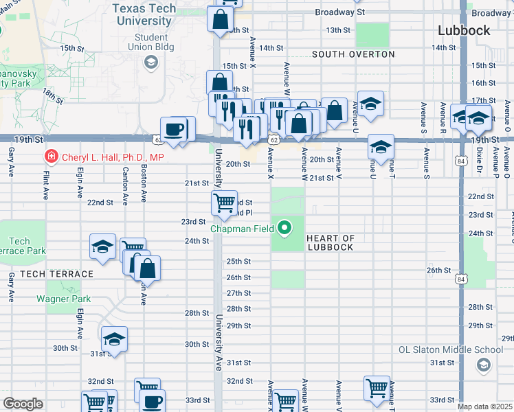 map of restaurants, bars, coffee shops, grocery stores, and more near 2409 22nd Street in Lubbock