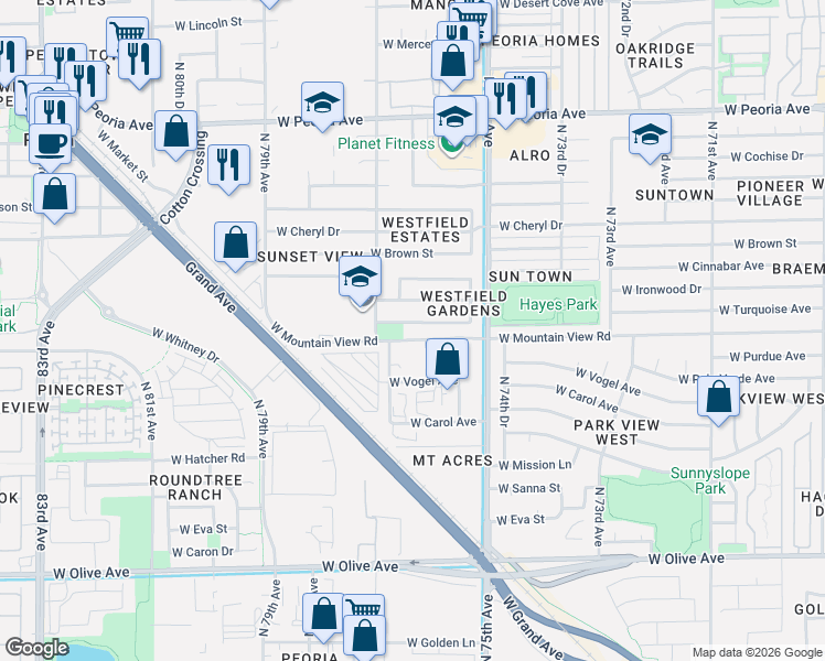 map of restaurants, bars, coffee shops, grocery stores, and more near 7642 West Turquoise Avenue in Peoria
