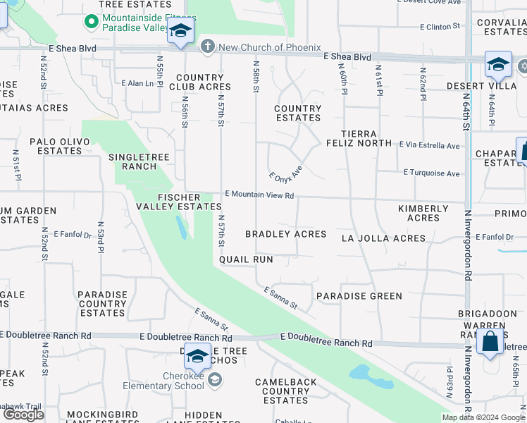 map of restaurants, bars, coffee shops, grocery stores, and more near 9329 North 58th Street in Paradise Valley