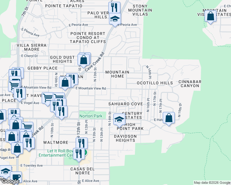 map of restaurants, bars, coffee shops, grocery stores, and more near 1414 East Malapai Drive in Phoenix