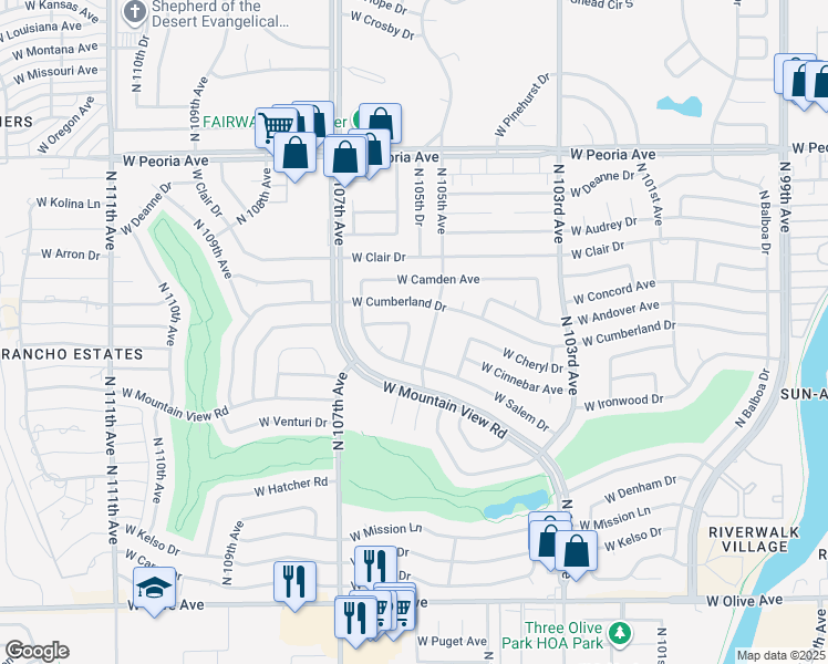 map of restaurants, bars, coffee shops, grocery stores, and more near 9845 North 105th Drive in Sun City