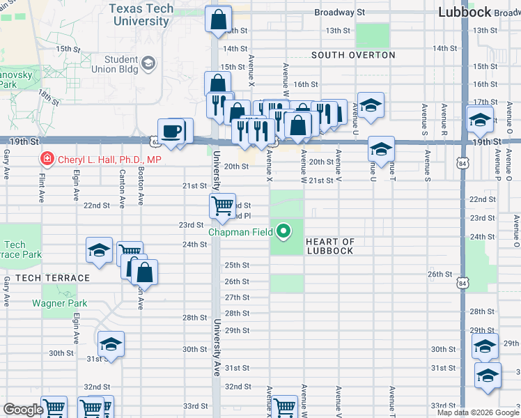 map of restaurants, bars, coffee shops, grocery stores, and more near 2409 22nd Street in Lubbock