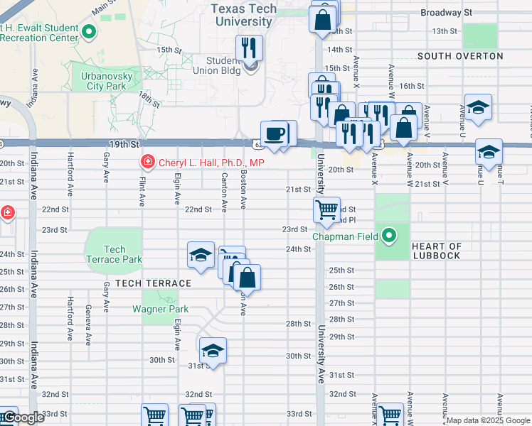 map of restaurants, bars, coffee shops, grocery stores, and more near 2617 22nd Street in Lubbock