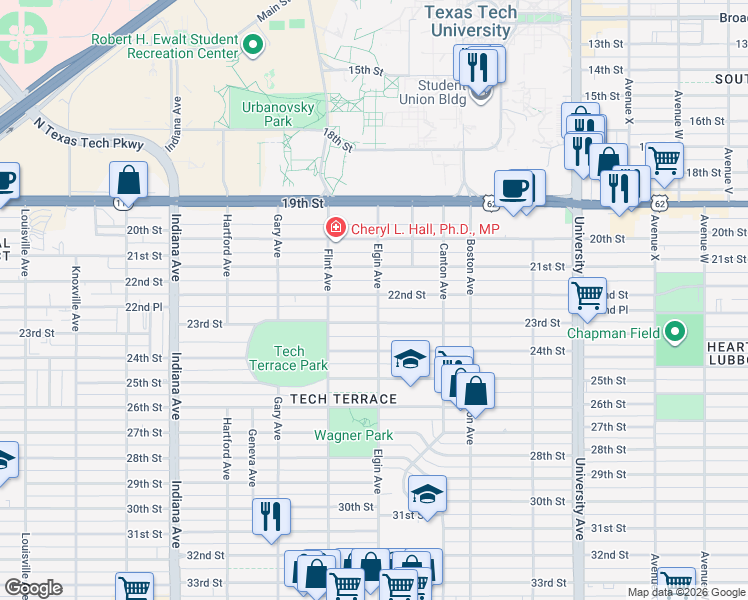 map of restaurants, bars, coffee shops, grocery stores, and more near 3009 22nd Street in Lubbock