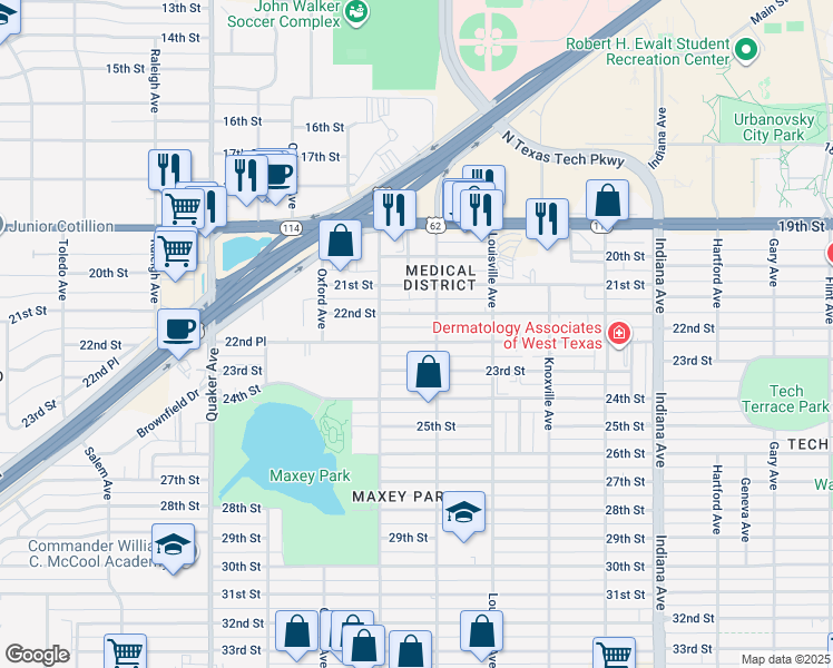 map of restaurants, bars, coffee shops, grocery stores, and more near in Lubbock