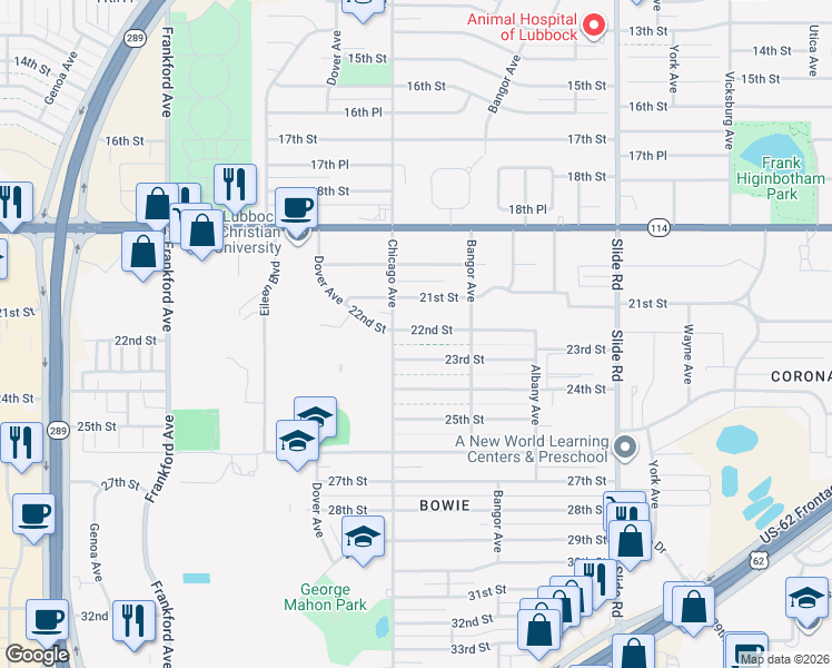 map of restaurants, bars, coffee shops, grocery stores, and more near 5413 22nd Street in Lubbock