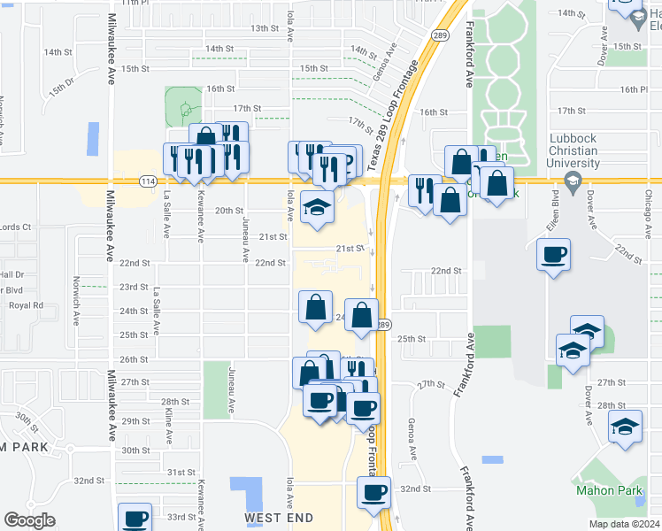 map of restaurants, bars, coffee shops, grocery stores, and more near 2102 West Loop 289 in Lubbock