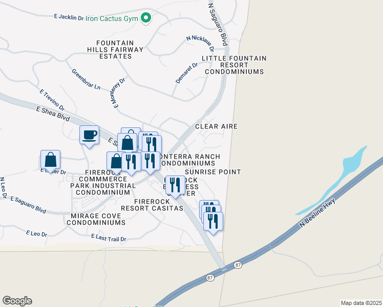 map of restaurants, bars, coffee shops, grocery stores, and more near 17120 East Hillcrest Drive in Fountain Hills