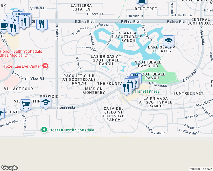 map of restaurants, bars, coffee shops, grocery stores, and more near 10015 East Mountain View Road in Scottsdale