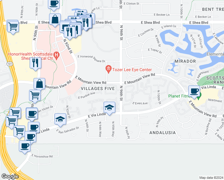 map of restaurants, bars, coffee shops, grocery stores, and more near 9750 North 96th Street in Scottsdale