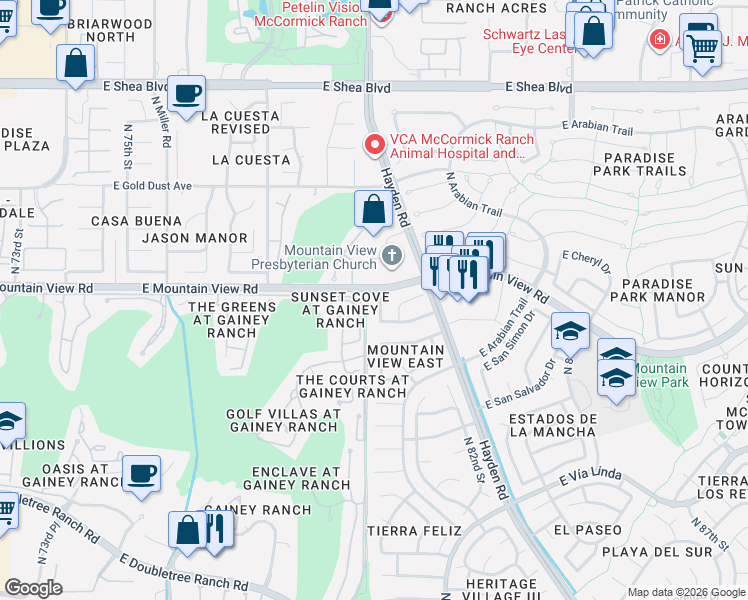 map of restaurants, bars, coffee shops, grocery stores, and more near 7650 East Gainey Ranch Road in Scottsdale