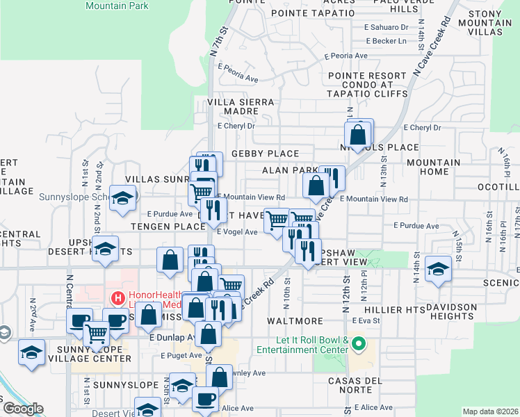 map of restaurants, bars, coffee shops, grocery stores, and more near 820 East Purdue Avenue in Phoenix