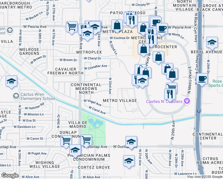 map of restaurants, bars, coffee shops, grocery stores, and more near 3239 West Mountain View Road in Phoenix