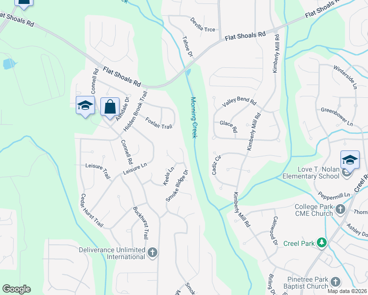 map of restaurants, bars, coffee shops, grocery stores, and more near 6570 Smoke Ridge Drive in College Park