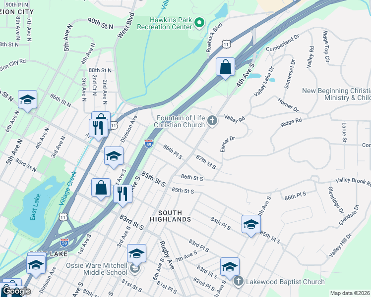 map of restaurants, bars, coffee shops, grocery stores, and more near 300 Red Oak Road in Birmingham