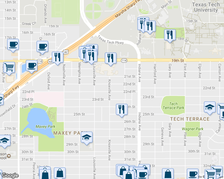 map of restaurants, bars, coffee shops, grocery stores, and more near 3516 22nd Pl in Lubbock