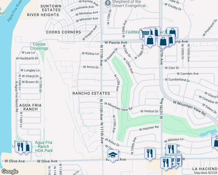 map of restaurants, bars, coffee shops, grocery stores, and more near 11031 West Cheryl Drive in Sun City