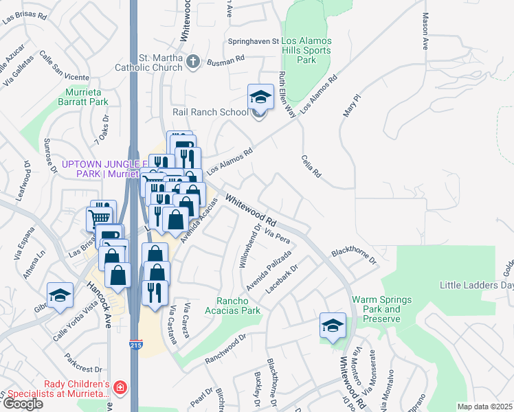 map of restaurants, bars, coffee shops, grocery stores, and more near 25177 Calle De Tres Amigos in Murrieta