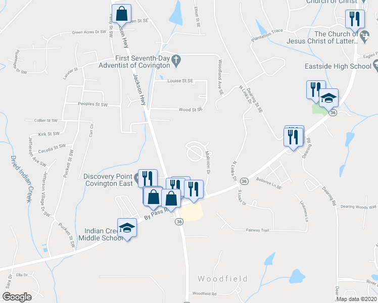 map of restaurants, bars, coffee shops, grocery stores, and more near 9130 McClure Street in Covington