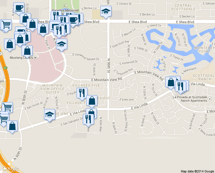 map of restaurants, bars, coffee shops, grocery stores, and more near 9750 North 96th Street in Scottsdale