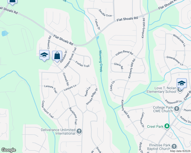 map of restaurants, bars, coffee shops, grocery stores, and more near 6570 Smoke Ridge Drive in College Park