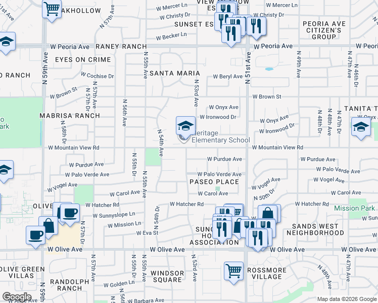 map of restaurants, bars, coffee shops, grocery stores, and more near 5307 West Mountain View Road in Glendale