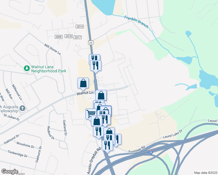 map of restaurants, bars, coffee shops, grocery stores, and more near 120 Merovan Drive in North Augusta