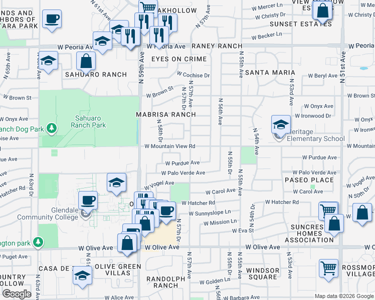map of restaurants, bars, coffee shops, grocery stores, and more near 9722 North 57th Avenue in Glendale