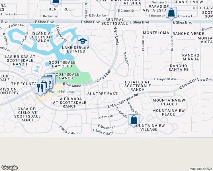 map of restaurants, bars, coffee shops, grocery stores, and more near 9722 North 105th Place in Scottsdale