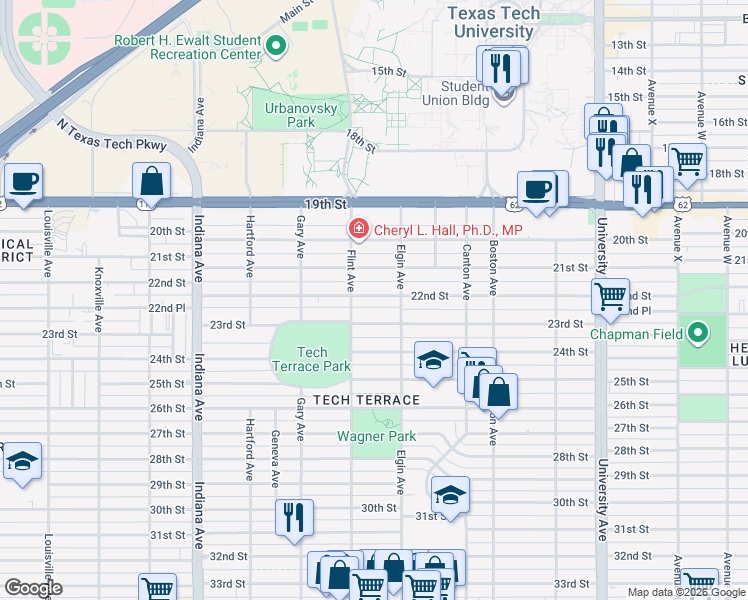 map of restaurants, bars, coffee shops, grocery stores, and more near 3009 22nd Street in Lubbock