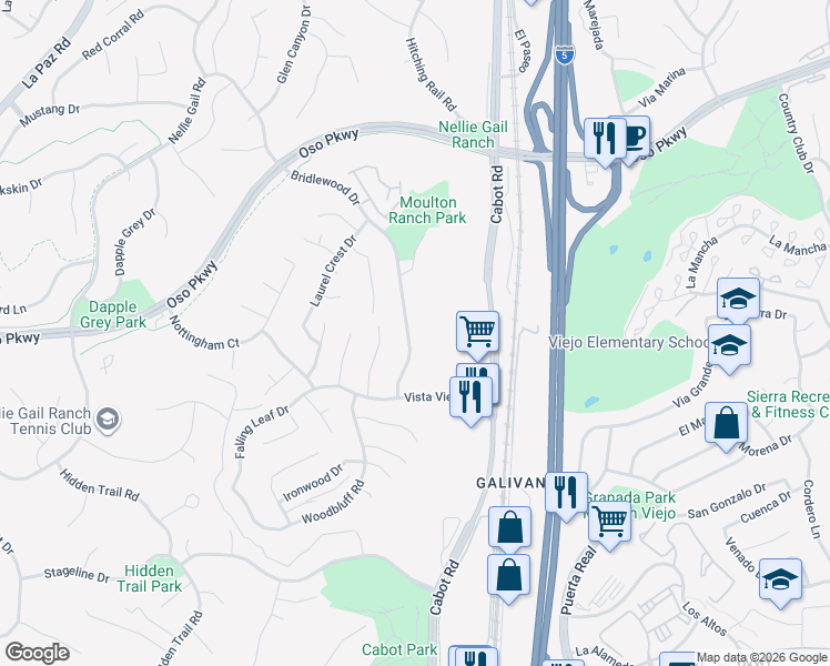 map of restaurants, bars, coffee shops, grocery stores, and more near 26742 Bridlewood Drive in Laguna Hills