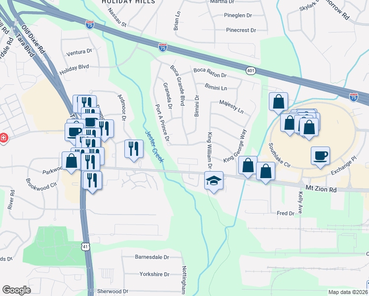 map of restaurants, bars, coffee shops, grocery stores, and more near 6593 Port a Prince Drive in Forest Park