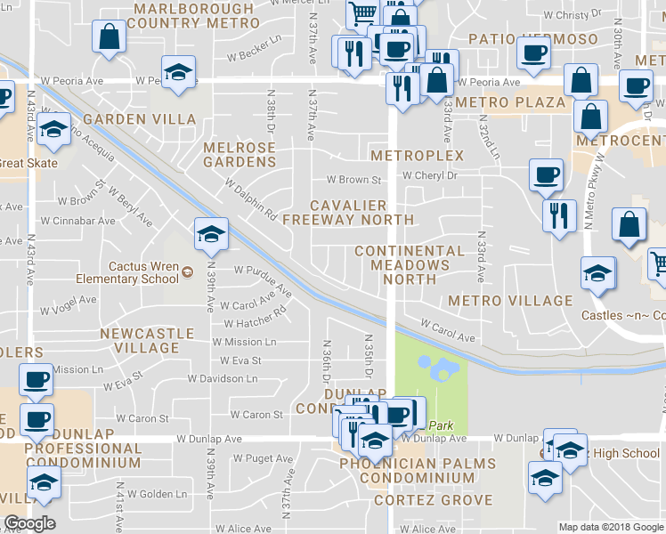 map of restaurants, bars, coffee shops, grocery stores, and more near 9635 North 36th Drive in Phoenix