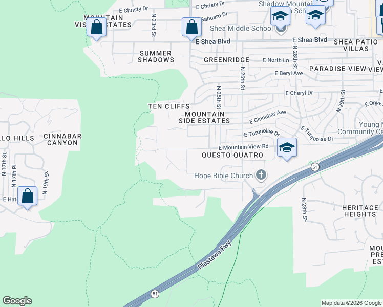 map of restaurants, bars, coffee shops, grocery stores, and more near 2401 East Mountain View Road in Phoenix