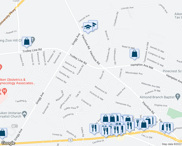 map of restaurants, bars, coffee shops, grocery stores, and more near 3412 Seneca Avenue in Aiken